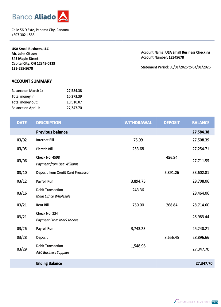 Download Panama Banco Aliado company checking account statement Word and PDF template Photoshop template